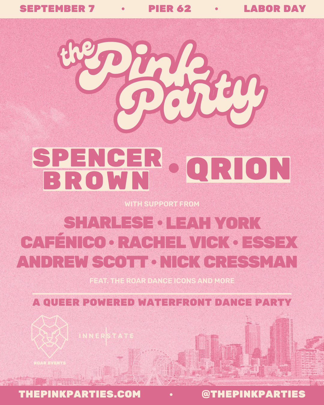 The Pink Party event poster featuring DJs and information about the event.